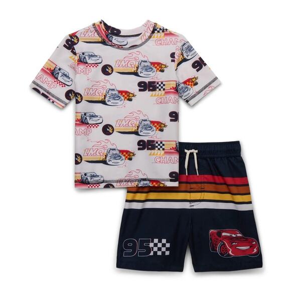 Disney Pixar Cars Toddler Boy Short Sleeve Rash Guard Swim Shorts 2 Piece Set 2T - Picture 1 of 9
